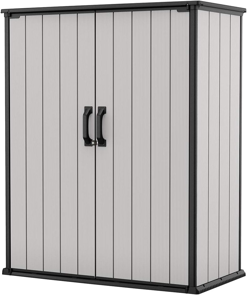 Keter Premier Tall 4.6 x 5.6 ft. Resin Outdoor Storage Shed with Shelving Brackets for Patio Furniture. Pool Accessories. and Bikes. Grey & Black