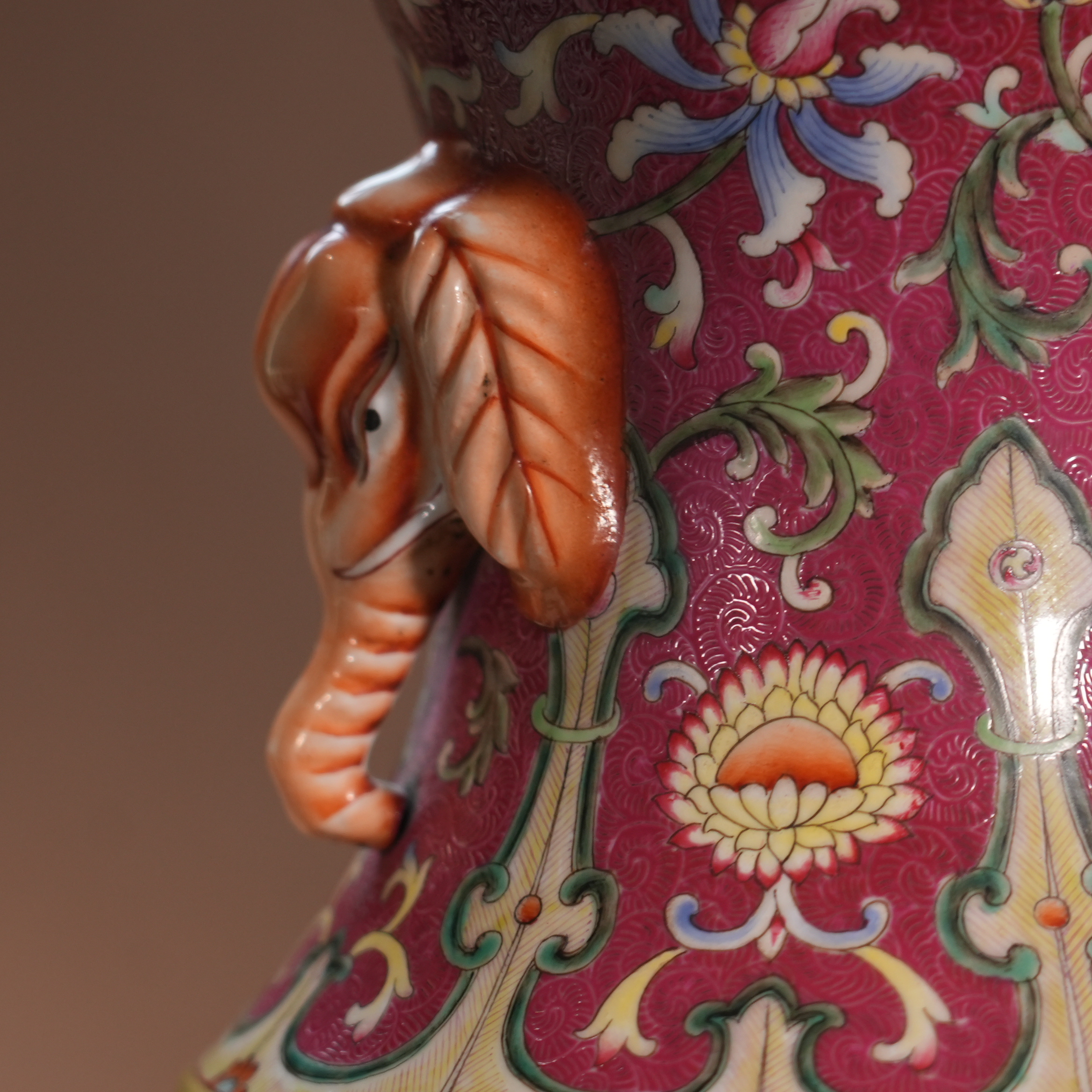 Ancient Chinese Famille Rose and Jun-Glazed Double Gourd Vase with Elephant Handles