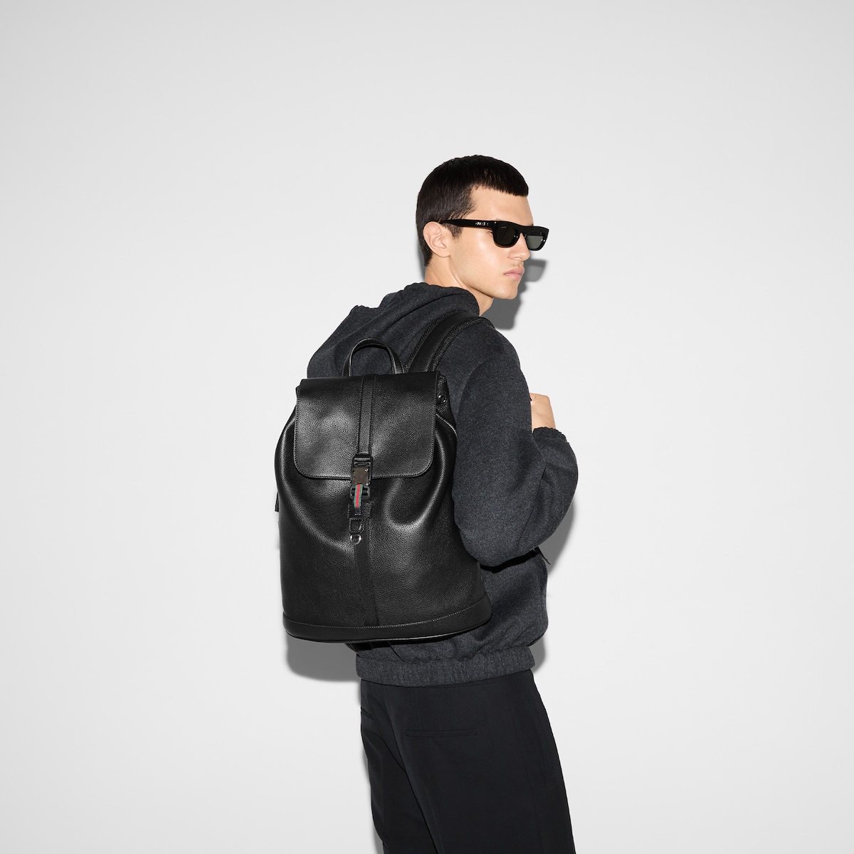 Medium backpack with Web Black soft grainy leather