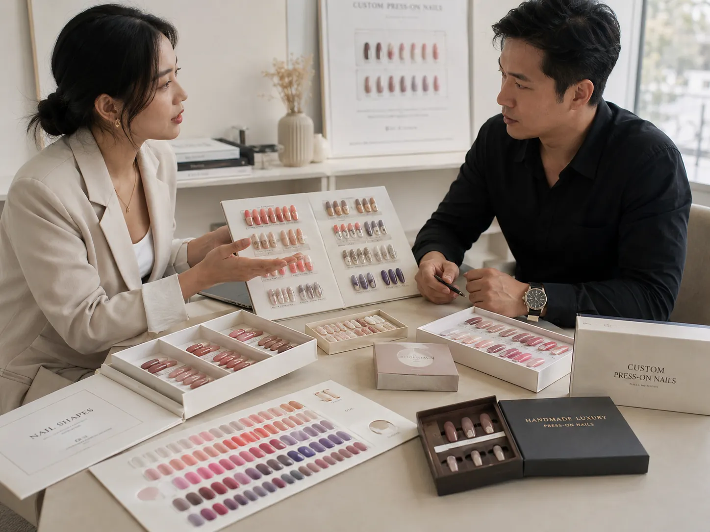 Buyer reviewing custom press on nails samples with a manufacturer