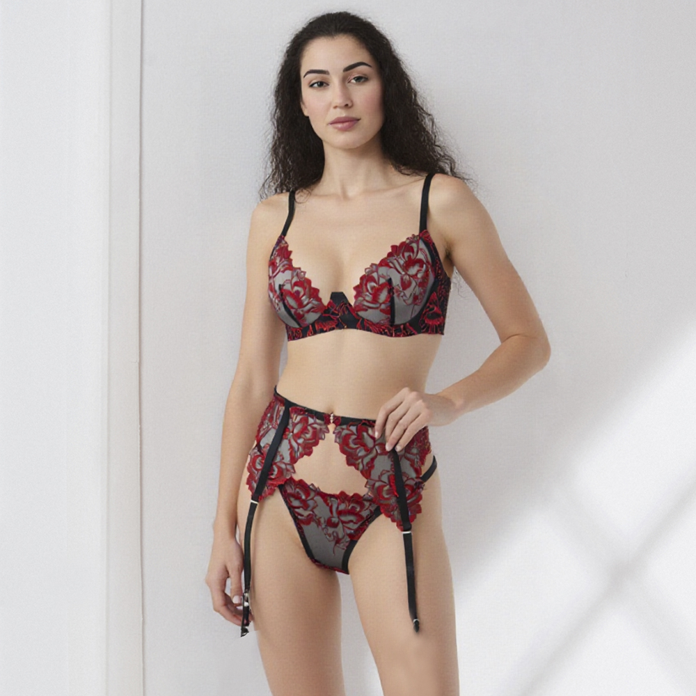 RTS Wholesale Sexy Embroidery Bra & Brief Set Custom Underwire Sheer Sexy Lace Bra and Panties