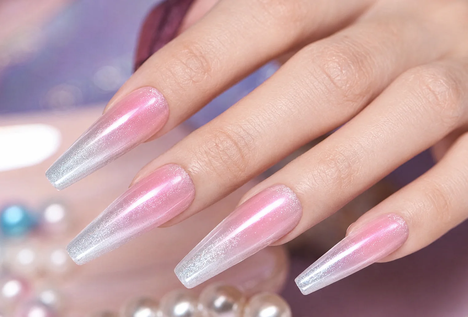 Pink and silver gradient press on nails design for wholesale, OEM and private label nail manufacturers.
