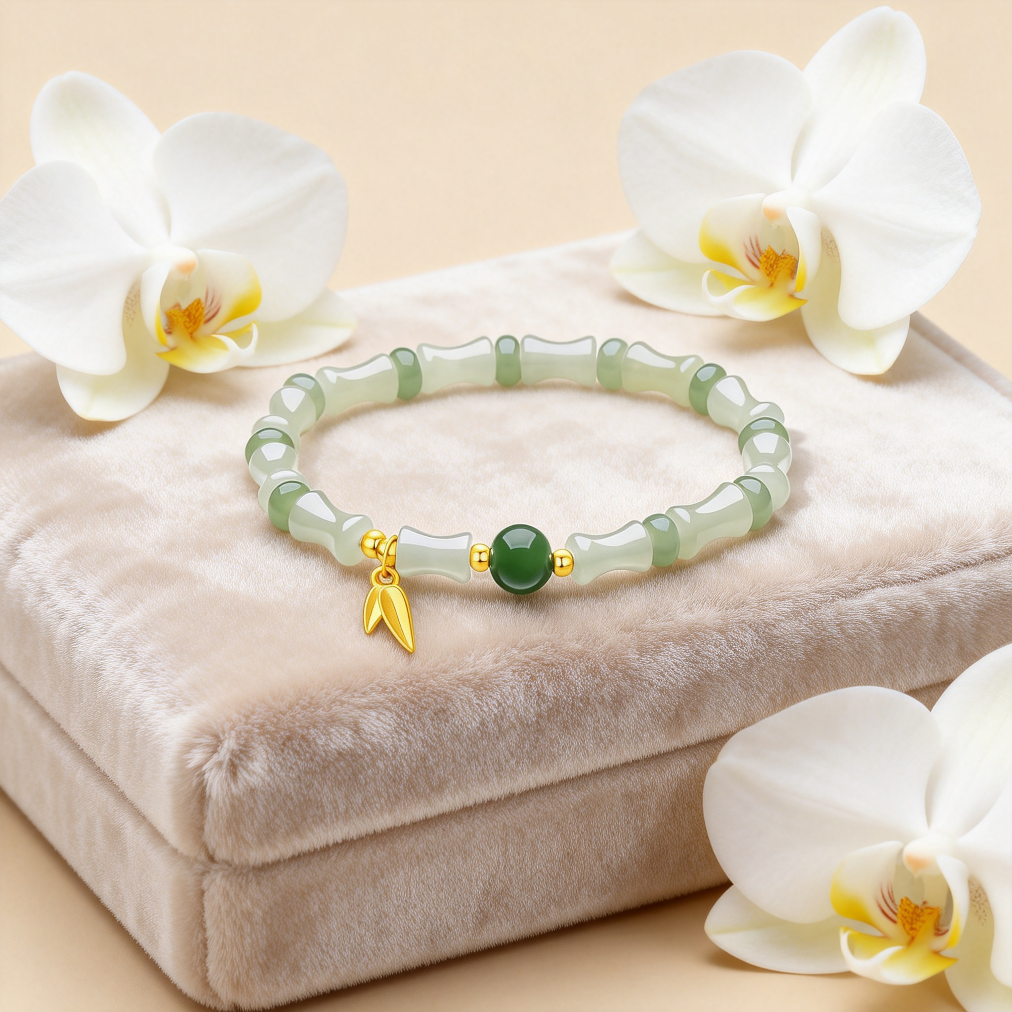 FST1-24K Gold Green Jade Bamboo Beaded Bracelet with Leaf Charm – Stretch Bracelet