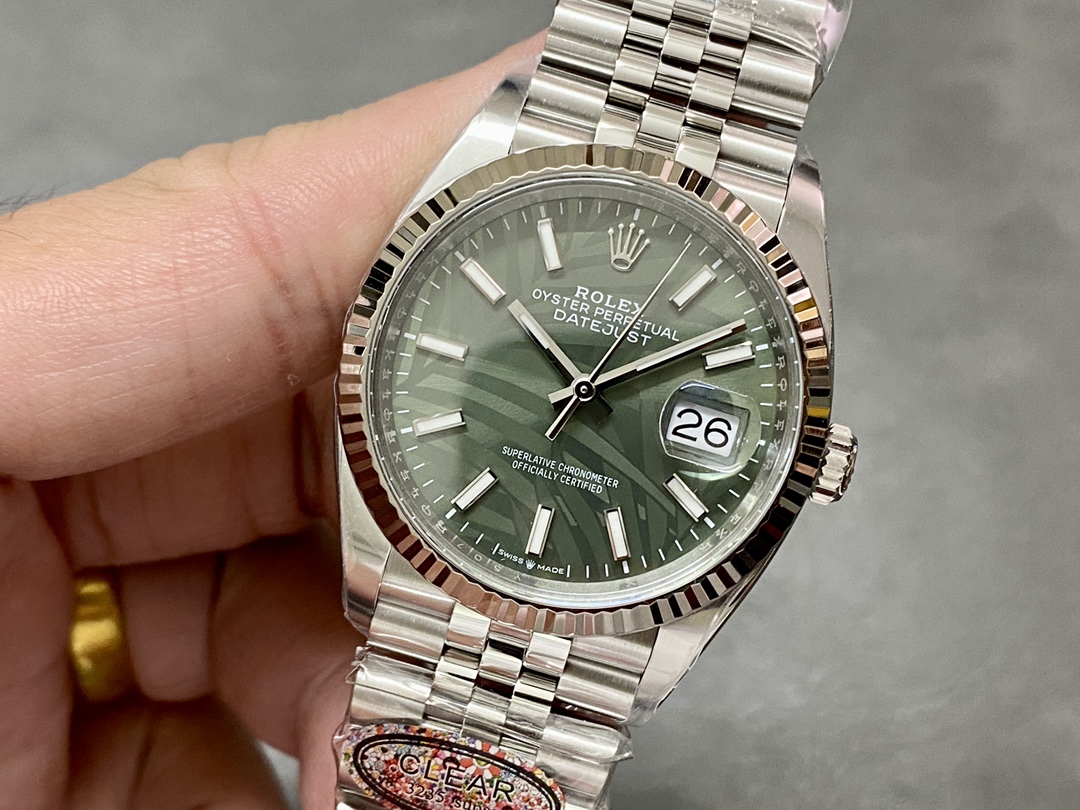 Rolex Datejust 36mm Fluted Bezel Green Palm Index Dial Jubilee 126234 0047