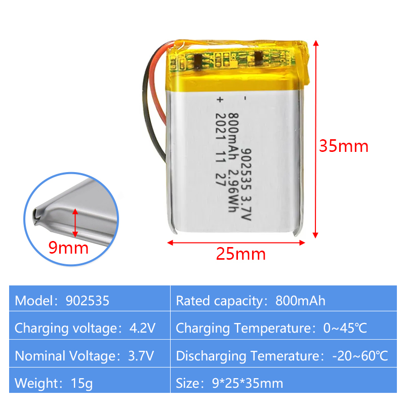 Pouch Lithium Ion Batteries 902035 902040 902535 3.7v 600mAh 700mAh 800mAh