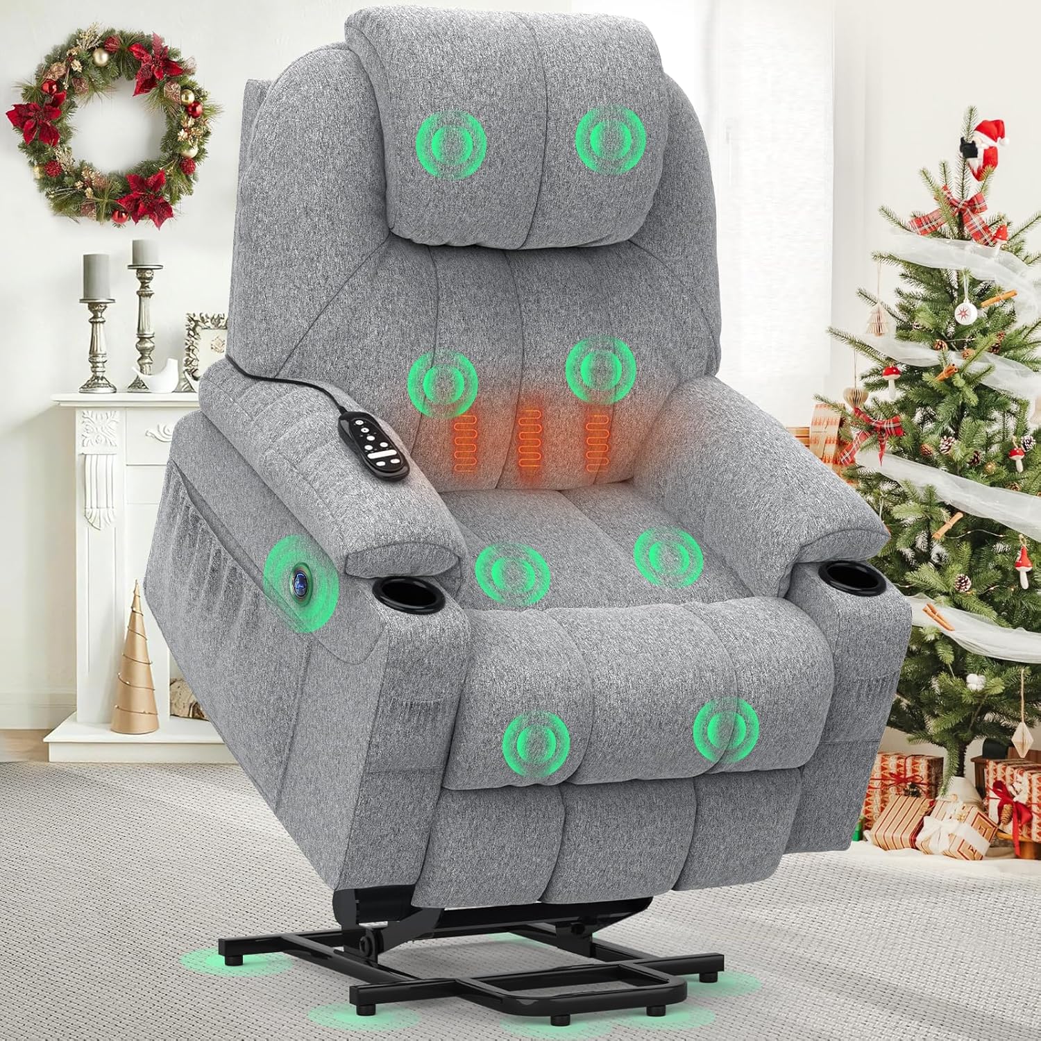 TV armchair is electrically adjustable. an auxiliary massage chair with massage heating function. a high-end armchair. a relaxation chair with feet. 2 side pockets and a drink rack. a USB interface. and is gray