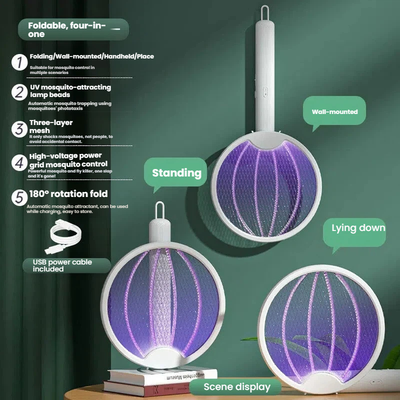 New Folding Electric Mosquito Swatter, Rechargeable Lithium Battery High-Power Electric Shock Mosquito Killer Lamp