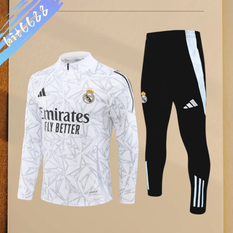 24/25 Real Madrid off-white gray Half Zip Training Kit (Adult Kids Kit)