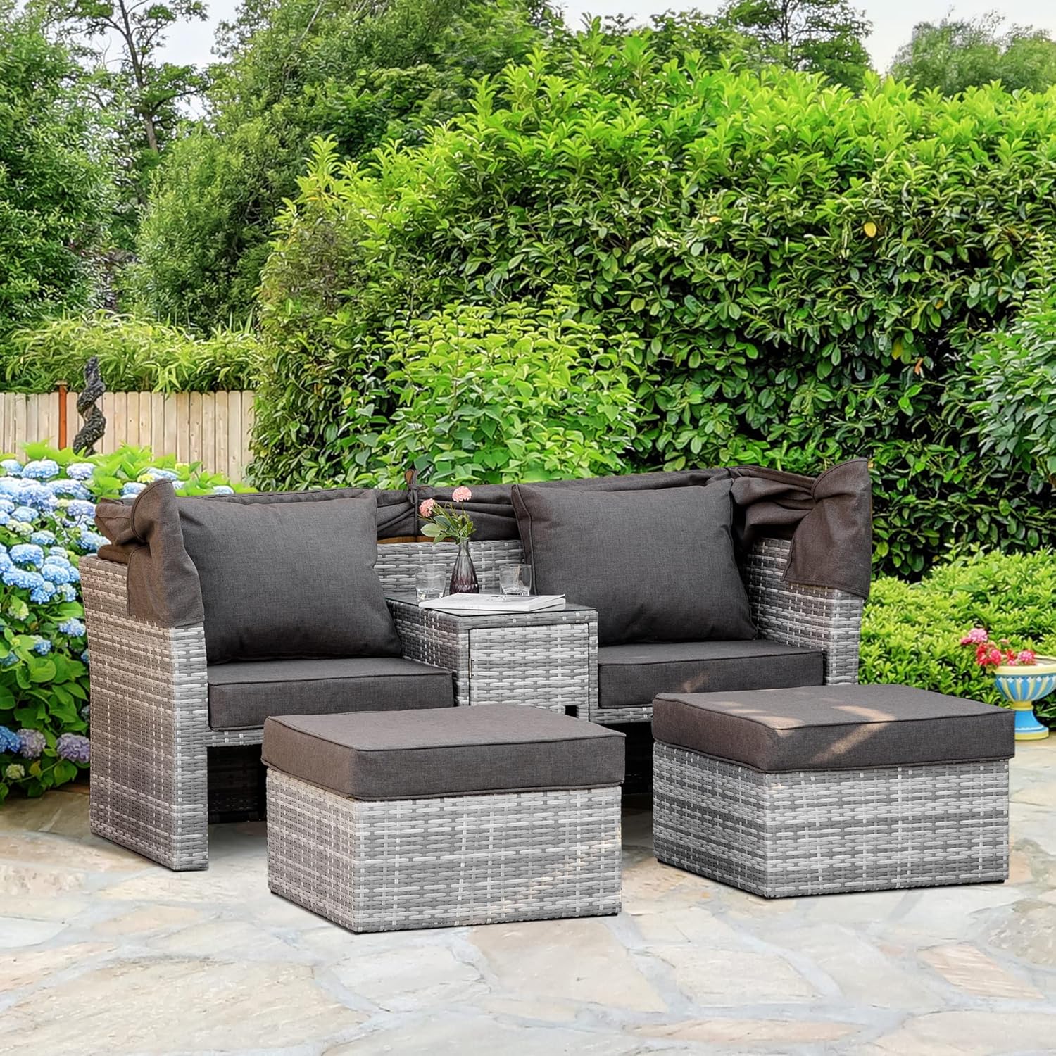 Outsunny 3 Pieces Outdoor PE Rattan Patio Furniture Set Daybed 2-Seater Sofa Footstool Tempered Glass Coffee Table Conversation Set with Retractable Canopy. Olefin Cushion