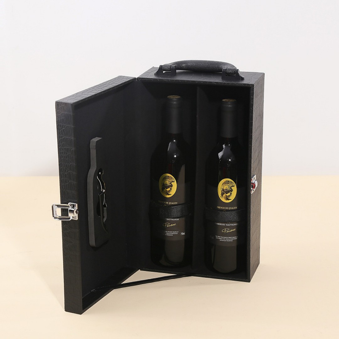 Wine Box, 2 Bottle Leatherette Top Handle with 4 Wine Accessory Travel Wine Gift Box, Handmade Premium Wine Carrier Case custom logo
