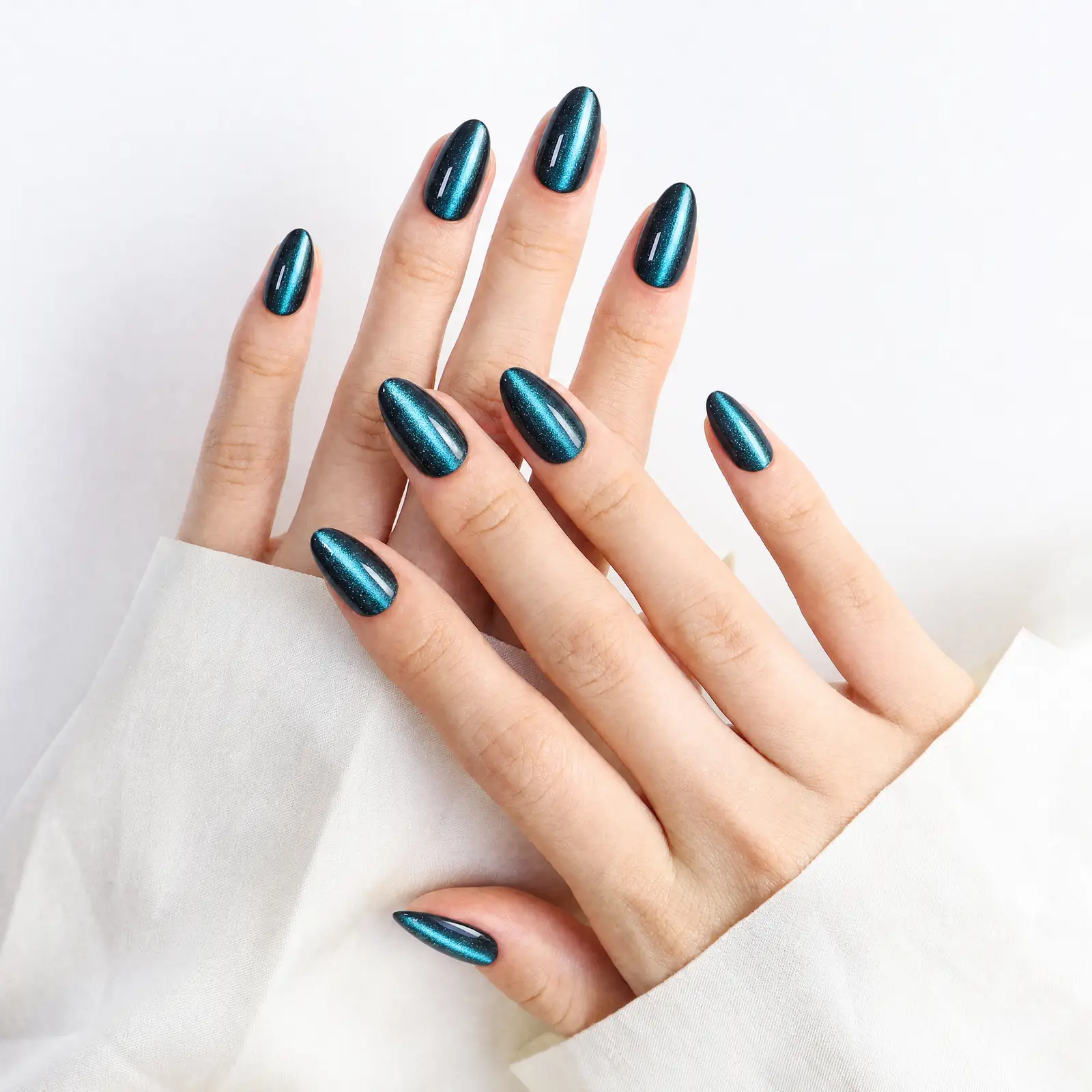 Teal Cat Eye Press On Nails Worn on Both Hands
