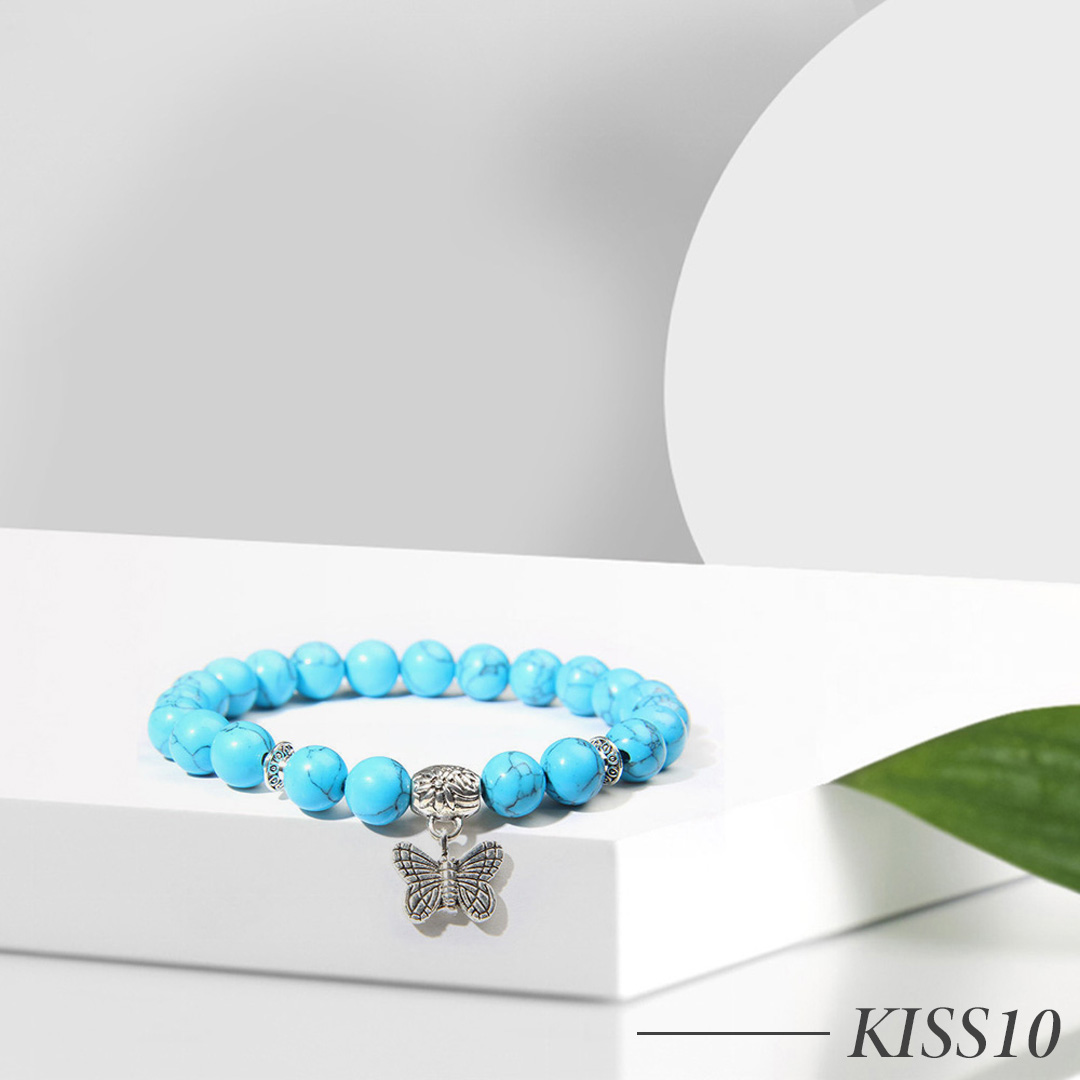 KISS10-Natural Turquoise Beaded Bracelet with Butterfly Charm