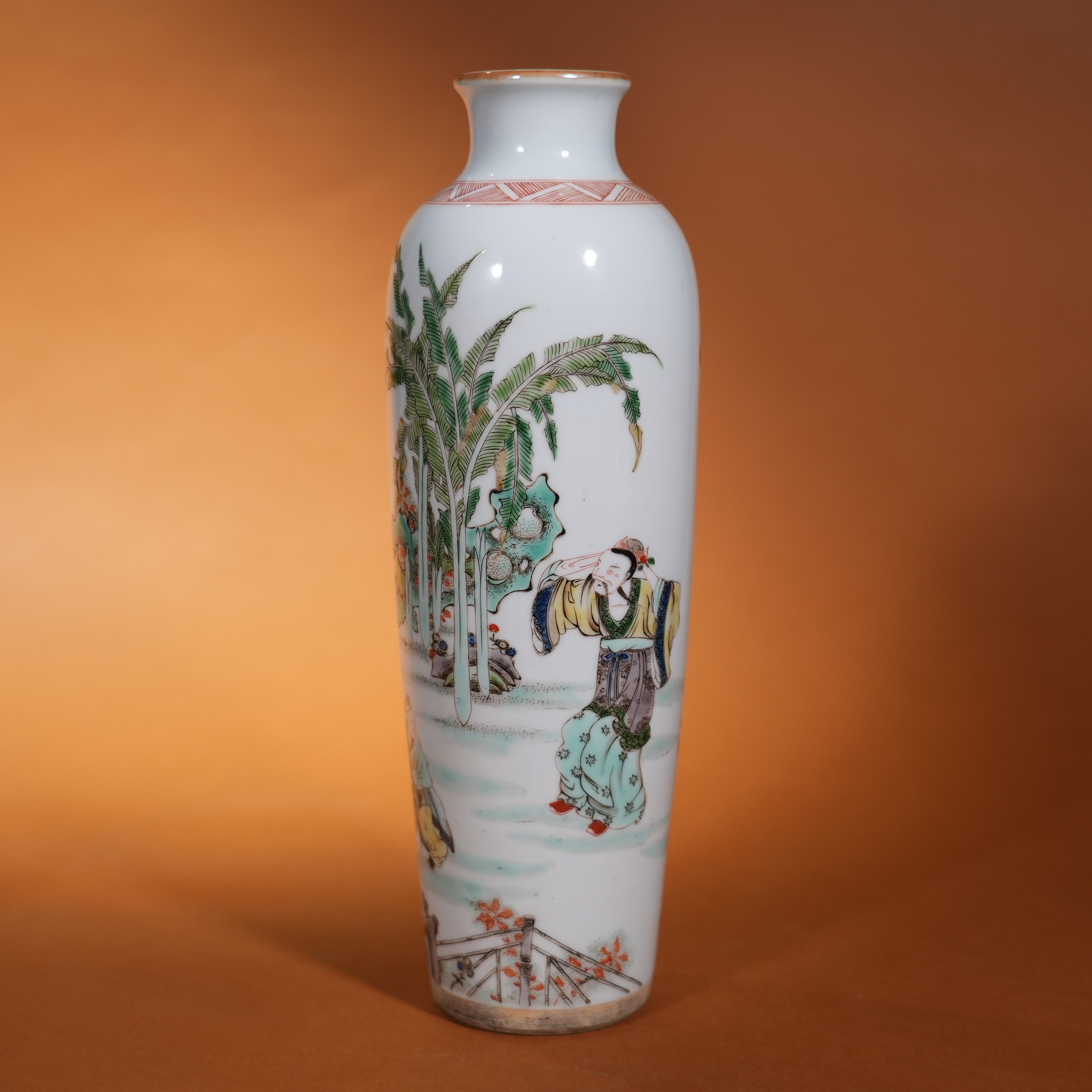 Ancient Chinese Wucai Vase with Figure Story Motifs (Elephant Leg Vase)