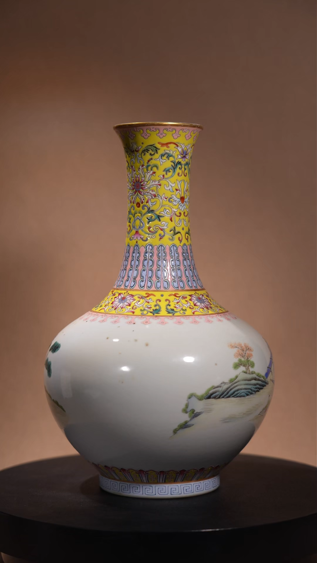 Ancient Chinese Famille Rose Vase with Panoramic Landscape and Figure Motifs