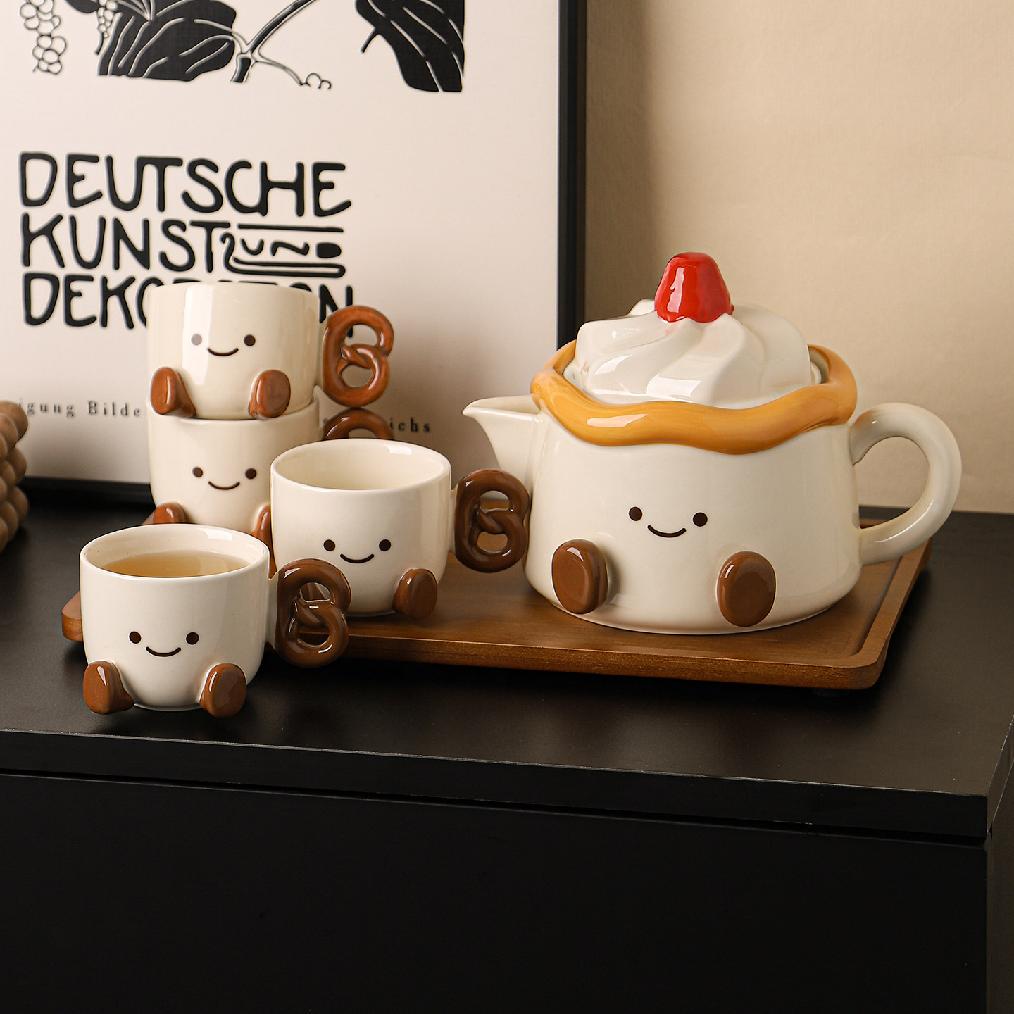 Cute Cream & Strawberry Ceramic Tea Set, Whimsical Smiley Face Teapot & Cup Set with Tray