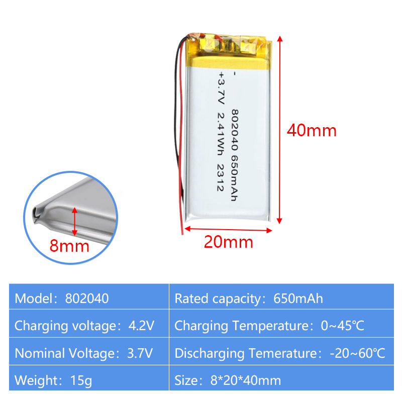 Pouch Lithium Ion Batteries 801435 802030 3.7v 400mAh 450mAh