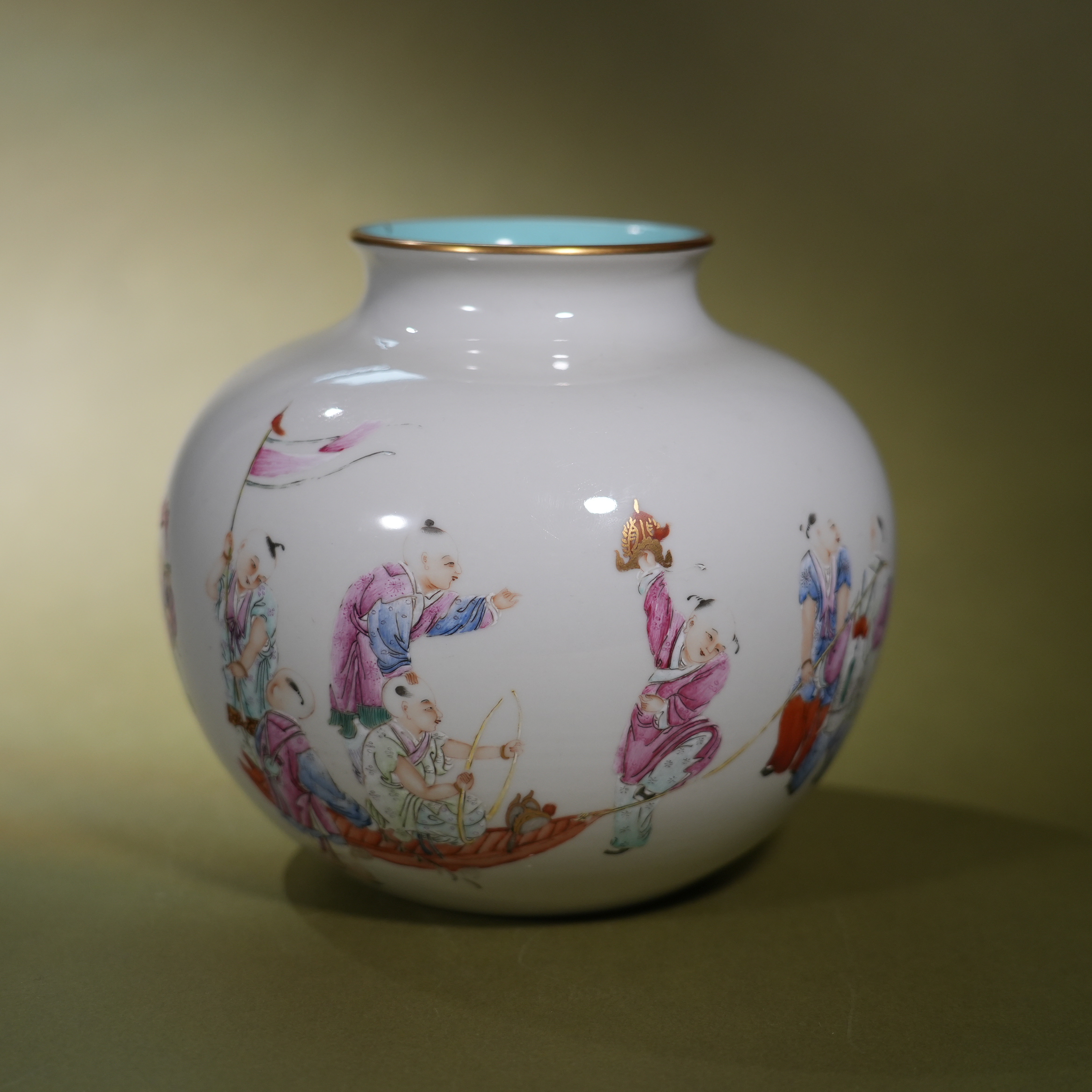 Ancient Chinese Famille Rose Boys at Play Pomegranate Porcelain Vase