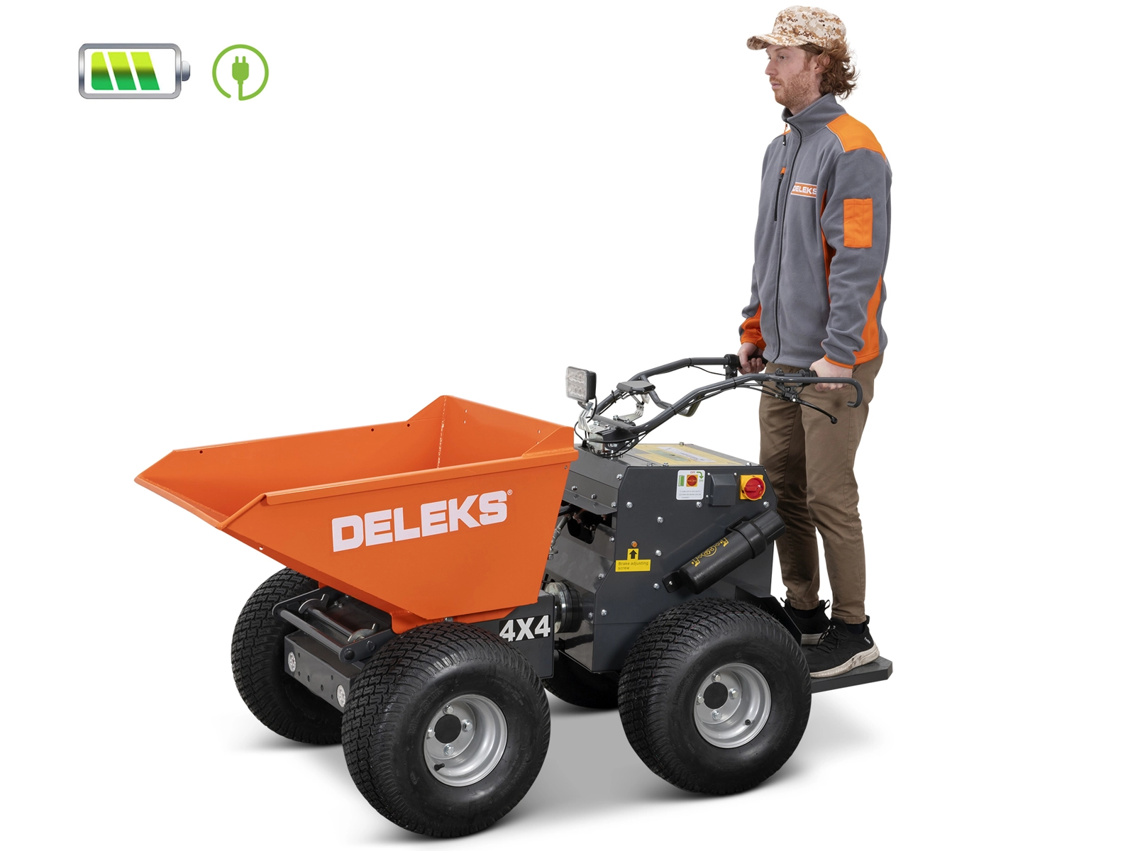 DELEKS® XE-4WDHG Electrified 4x4 Minidumper. 2 electric motors 800W/48V. hydraulic tipping. dumper body. operator platform. load 400kg. turf tires.