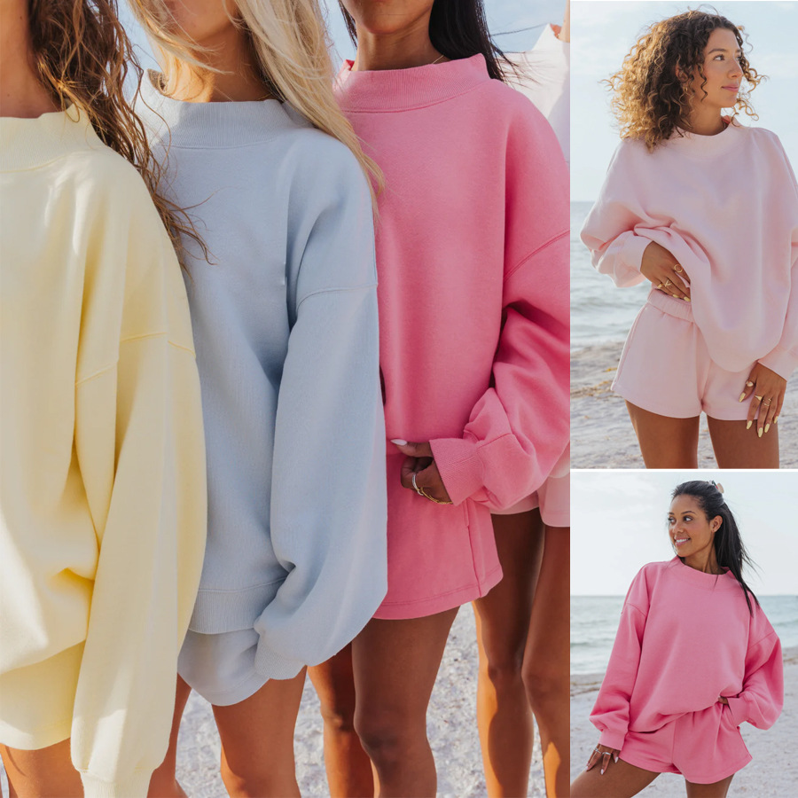 Custom New Neck Sweater Long Sleeve Casual Trousers Set Solid Color Fleece Pullover Loose Women's Clothing Polyester