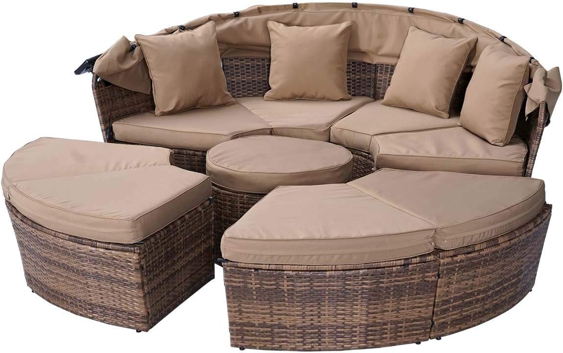 Brast Round Garden Sofa. Braided Polyrattan. in Grey. Black or Brown. 210 cm. with LED Lighting and Cover. Canopy. Foldable. Height-Adjustable. Garden Lounger