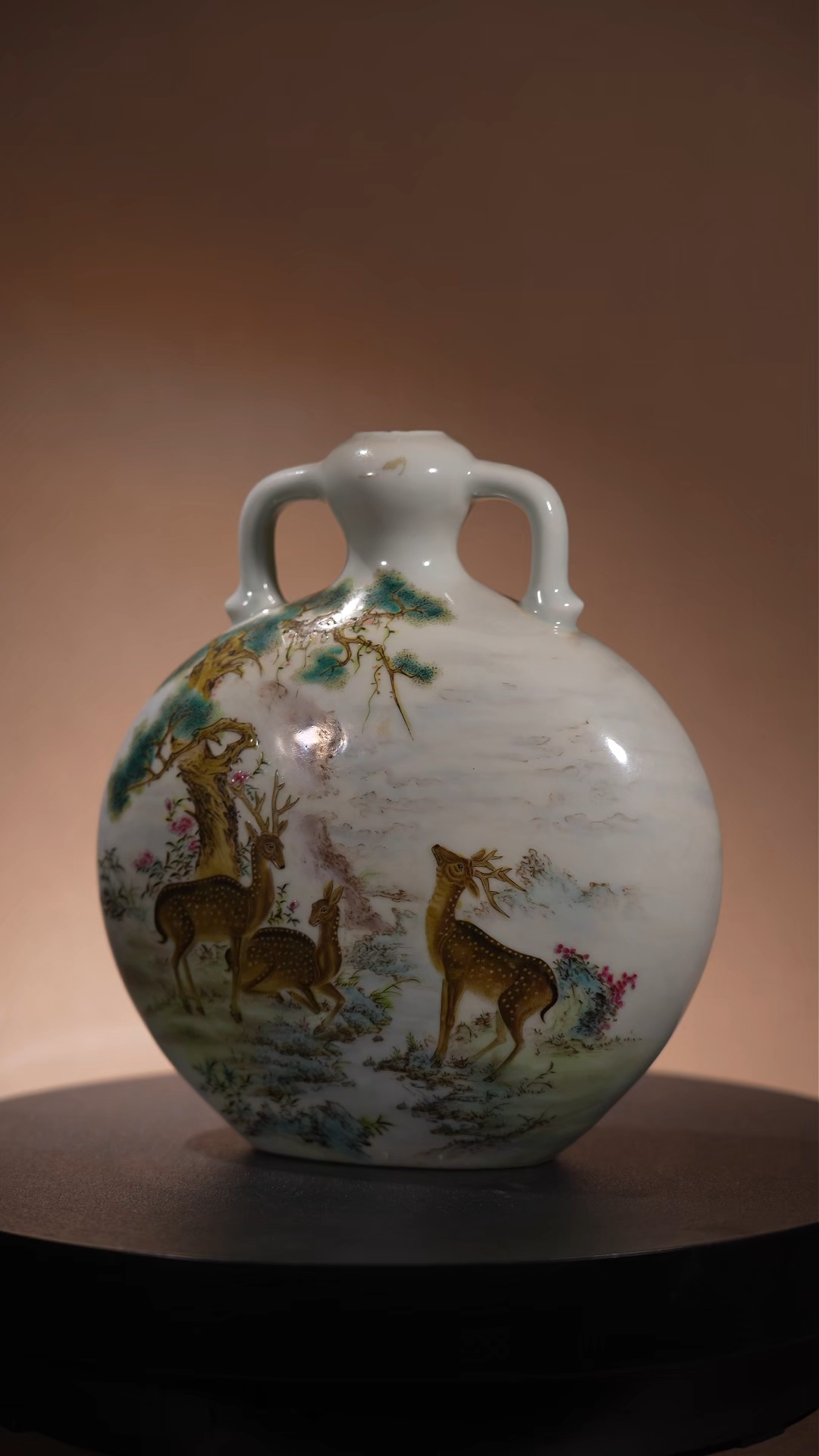 Ancient Chinese Famille Rose Flat Vase with Deer and Pine Motifs and Double Handles
