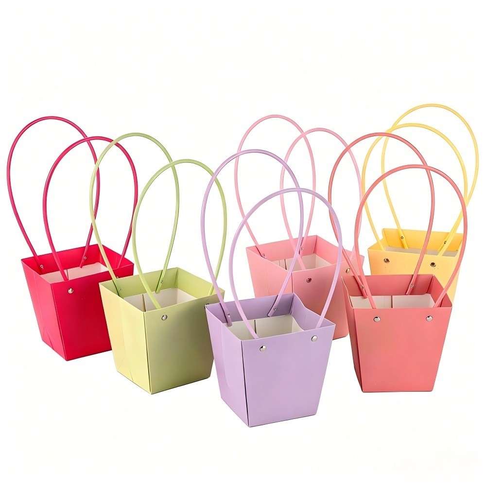 Macaron Color Handheld Flower Arrangement Box, Trapezoid Waterproof Kraft Flower Basket Bag, DIY Floral Salon Packaging Bag For Carnation And Flower Wrapping Wholesale