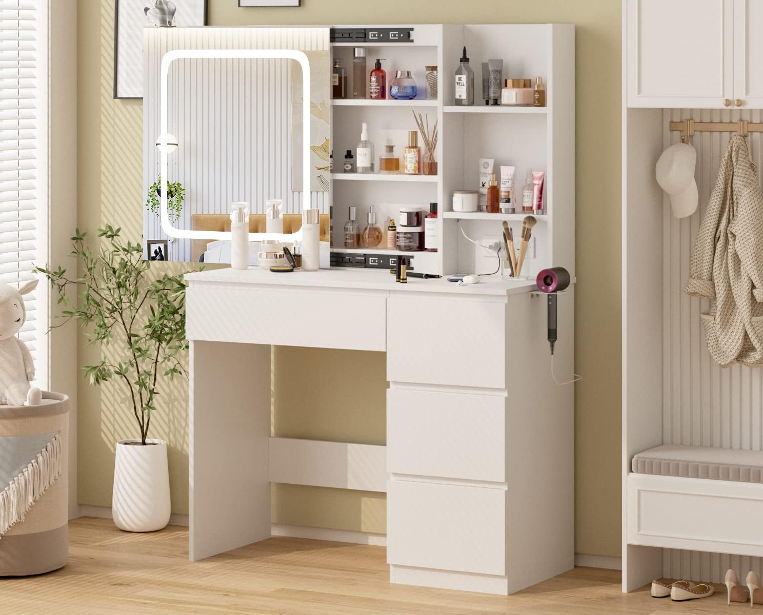 Vabches Make Up Vanity Desk with Charging Station. Vanity Set with Mirror and Stool and Lights.Dressing Table with 4 Drawers & Storage Shelves.37inch. White