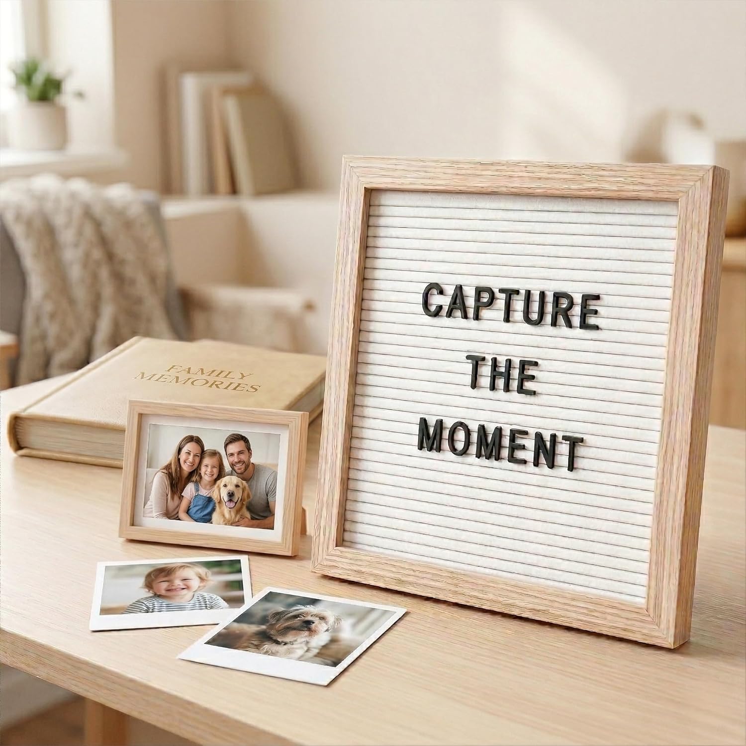 White Felt Letter Board 10x10 Inch with 336 Letters, Numbers & Symbols, Wood Frame Message Board with Easel Stand & Wall Hanger for Home, Office, Classroom & Announcements