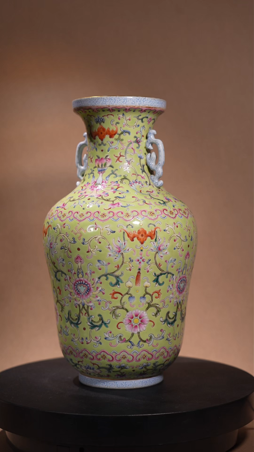 Ancient Chinese Famille Rose Double-Eared Vase with Longevity and Blessing Motifs