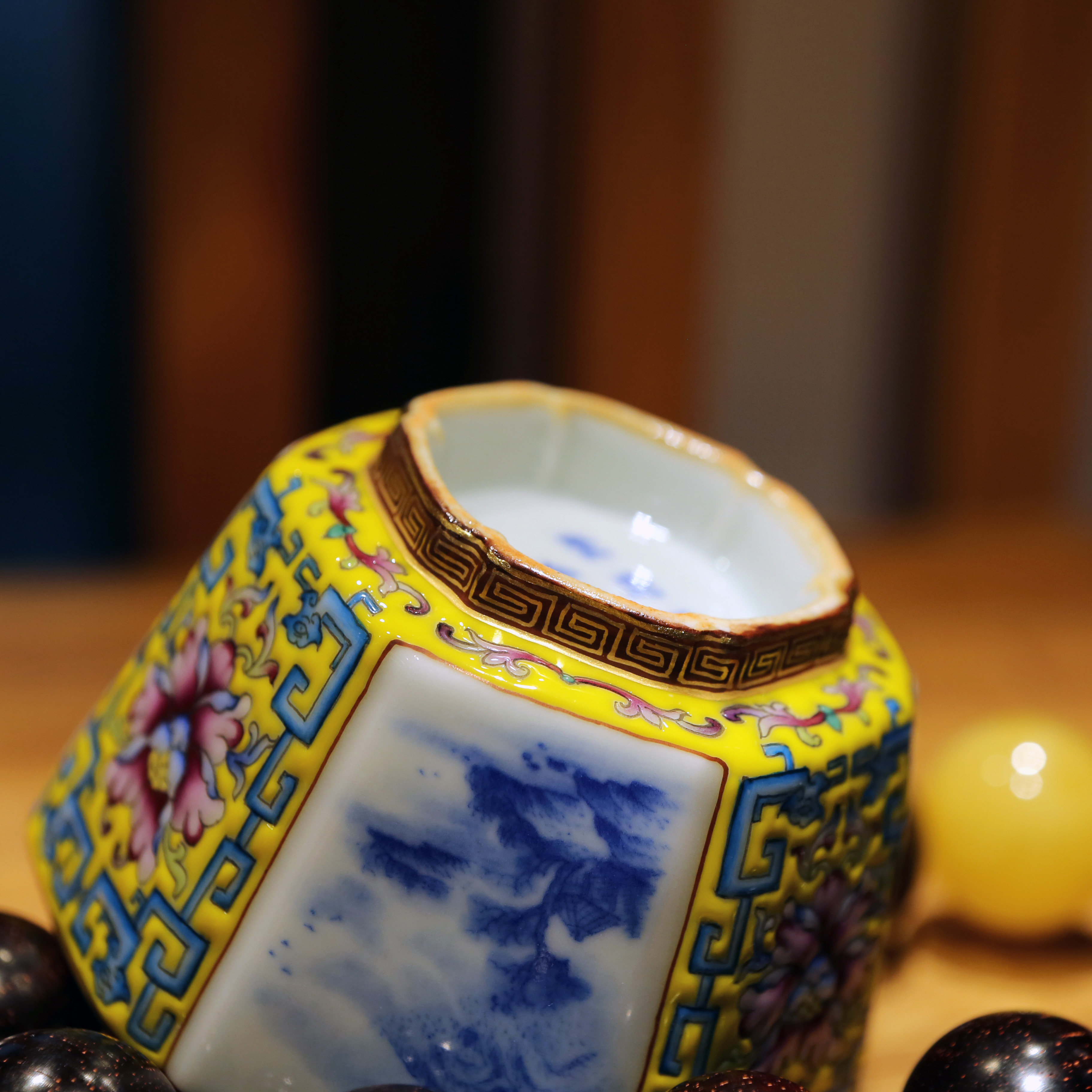 Premium Hand-Painted Tea Ware • Exquisite Landscape Antique Tea Cup • Jingdezhen Hexagonal Cup • Enamel Pattern