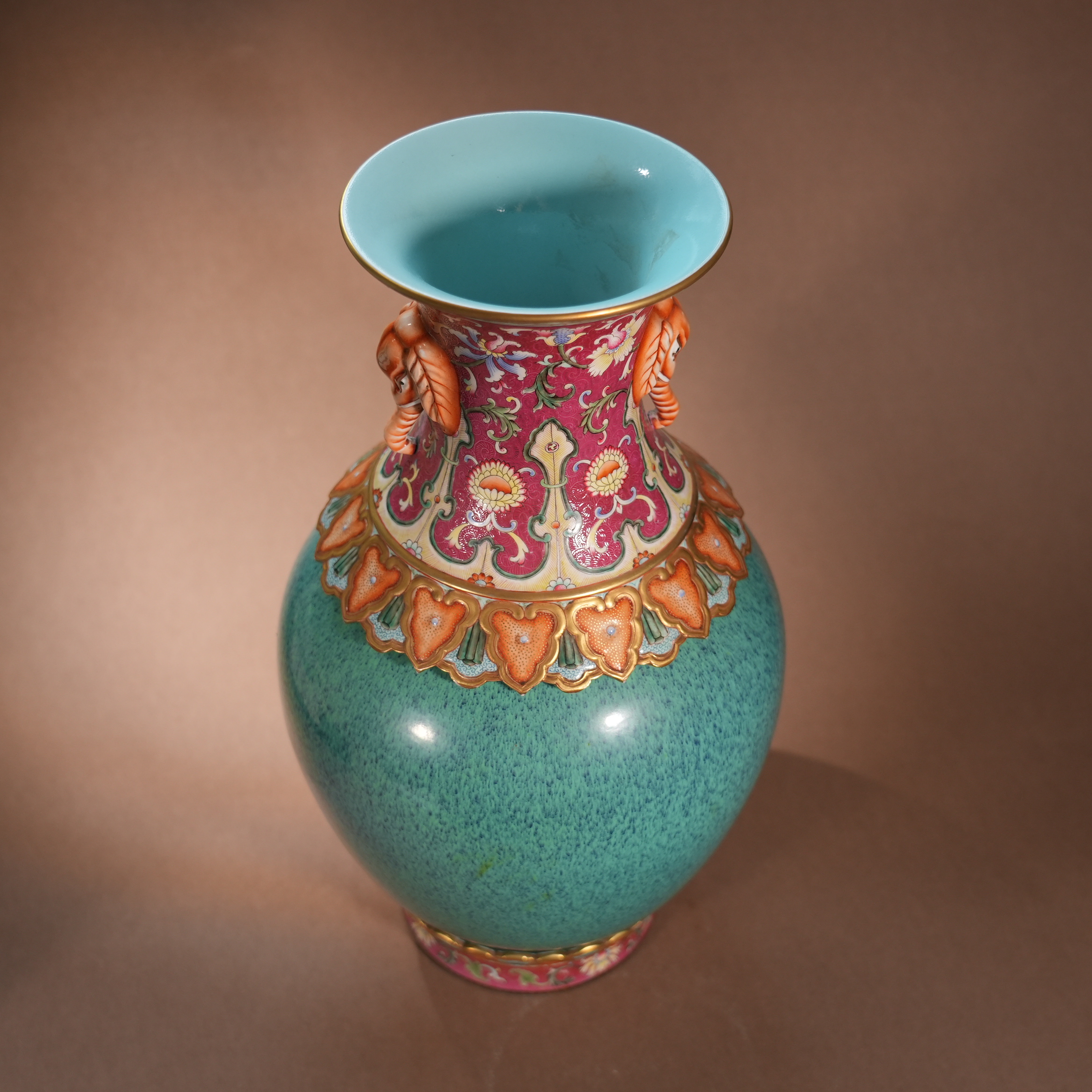 Ancient Chinese Famille Rose and Jun-Glazed Double Gourd Vase with Elephant Handles