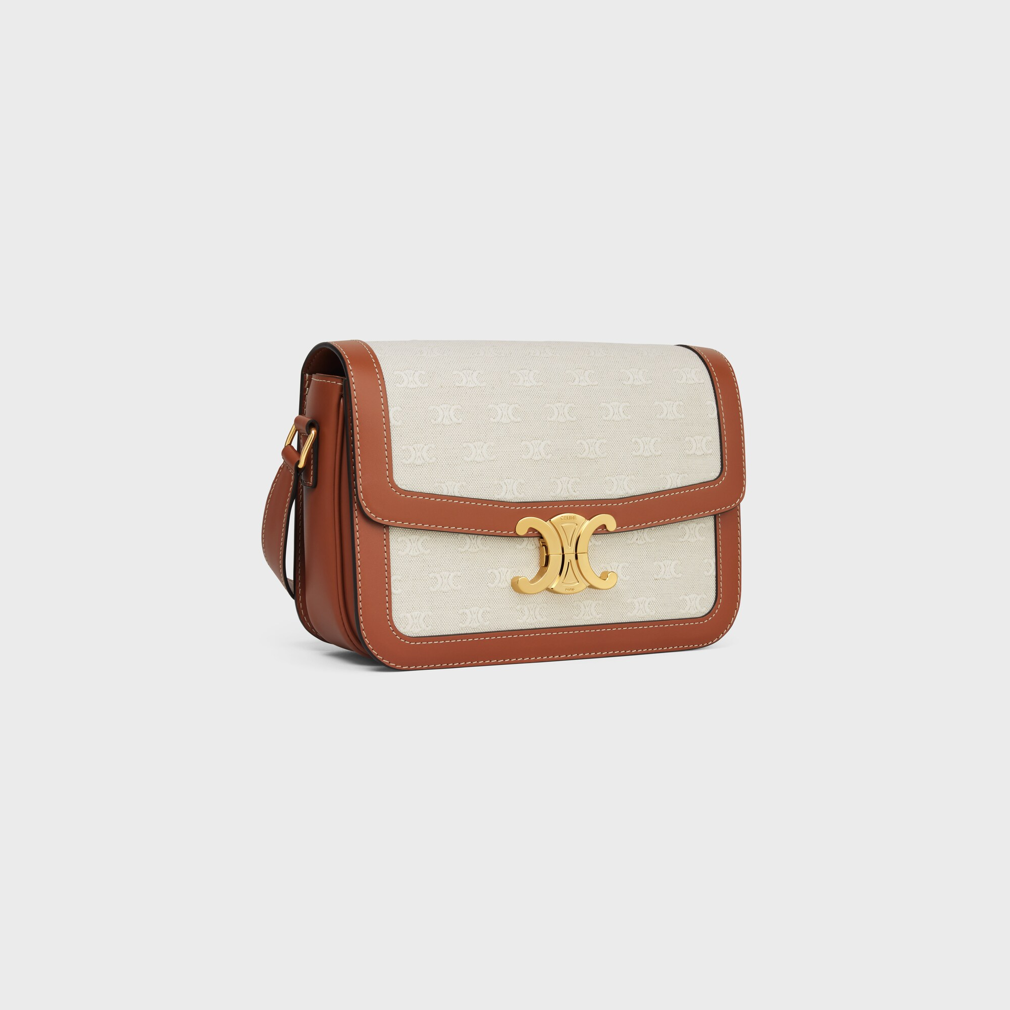 Classique Triomphe Bag in TEXTILE WITH TRIOMPHE ALL-OVER AND CALFSKIN NATURAL / TAN