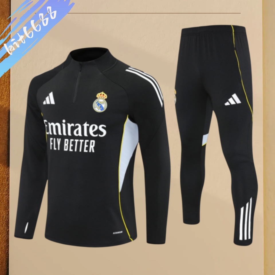 25/26 Real Madrid black Half Zip Training Kit (Adult Kids Kit)