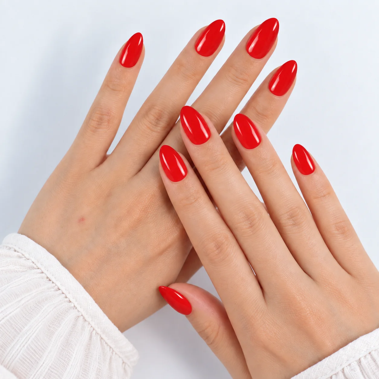 Glossy Red Press On Nails Worn on Both Hands