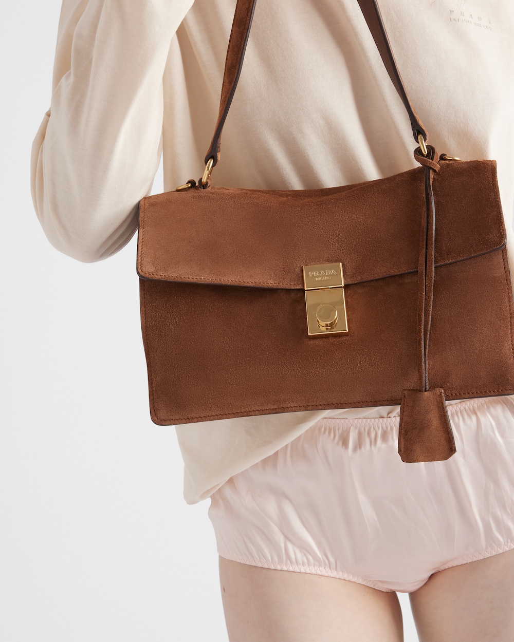 Prada Soft Sound medium suede shoulder bag Cocoa Brown