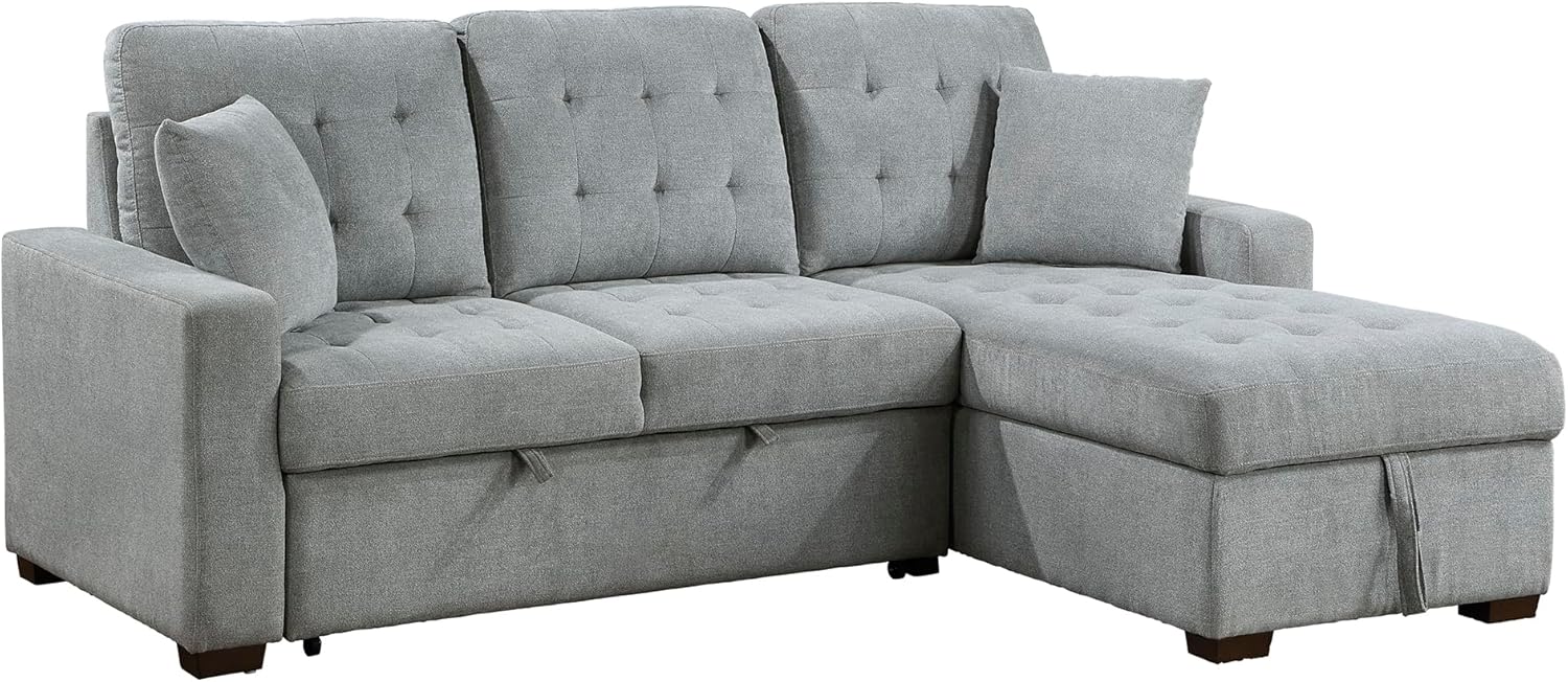 Sleeper Sofa. L Shape Sectional Couch with Right Storage Chaise and Pull Out Sofa Bed. Grey