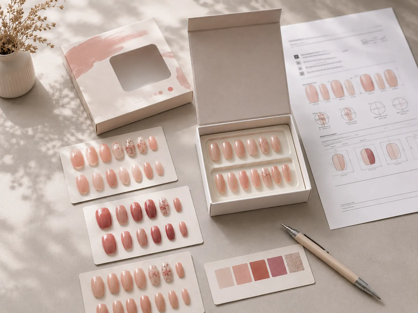 Custom press on nail sample development with packaging mockup, nail design cards, color swatch, and specification sheet