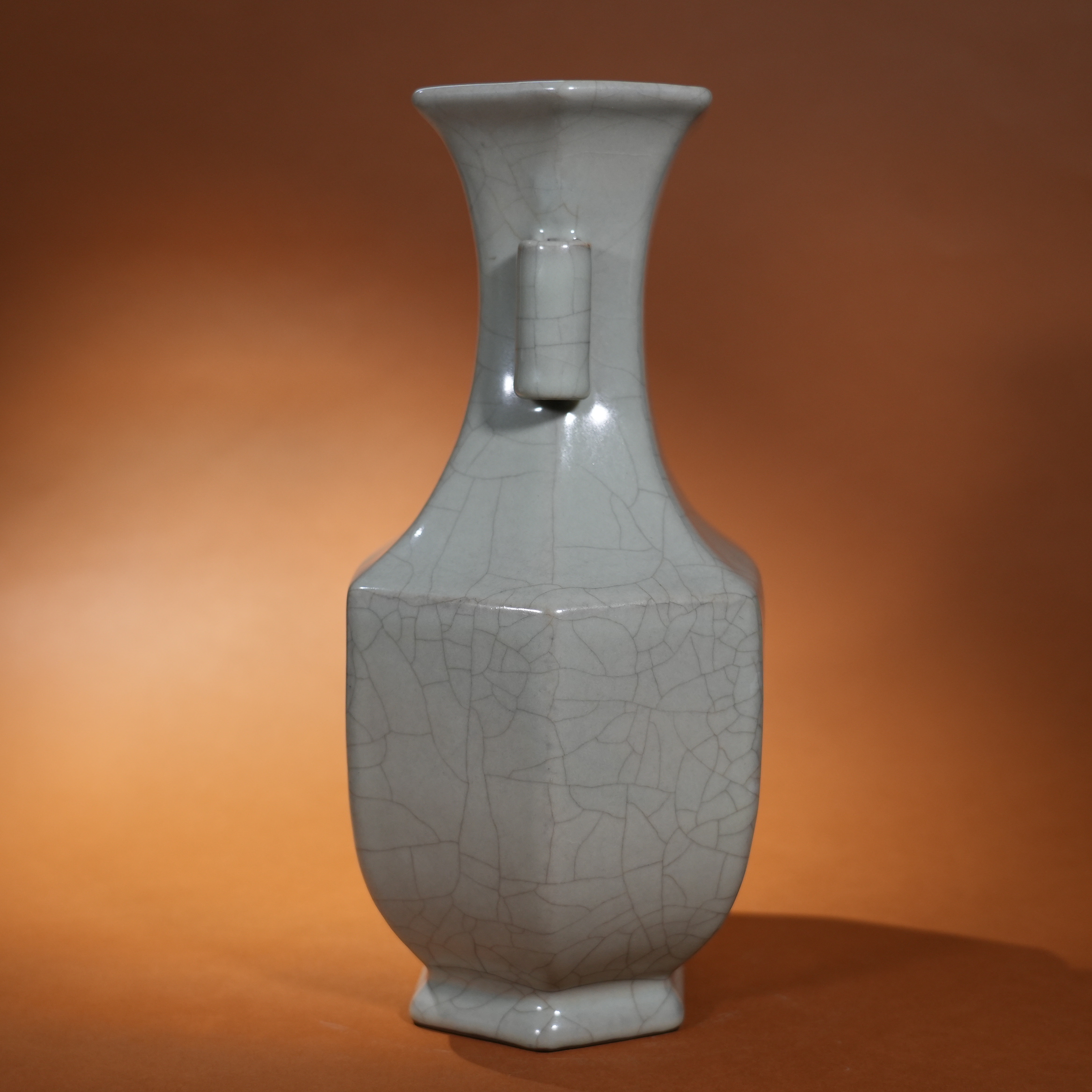 Ancient Chinese Ge Ware Hexagonal Vase with Tubular Handles