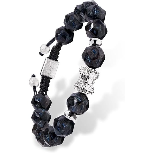 R40P-Men's Nuummite Beaded Bracelet with Sterling Silver Engraved Charm 10mm Braided Bracelet