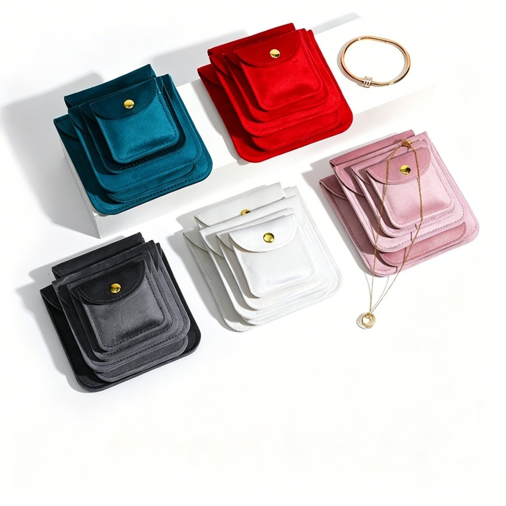 Litchi Velvet Gold Button Square Jewelry Bag, Anti-Oxidation Flannel Ornament Pouch, Ring Pendant Bracelet Protective Storage Bag, Luxury Square Jewelry Packaging Pouch, Custom Logo Wholesale Factory Supply