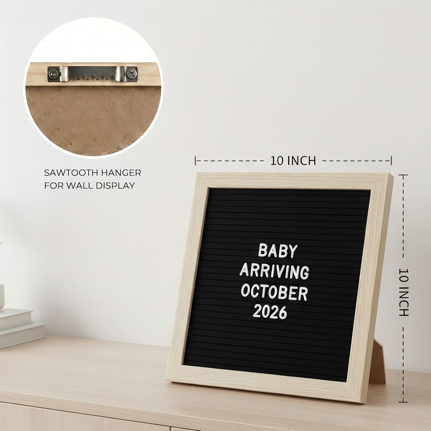 White Felt Letter Board 10x10 Inch with 336 Letters, Numbers & Symbols, Wood Frame Message Board with Easel Stand & Wall Hanger for Home, Office, Classroom & Announcements
