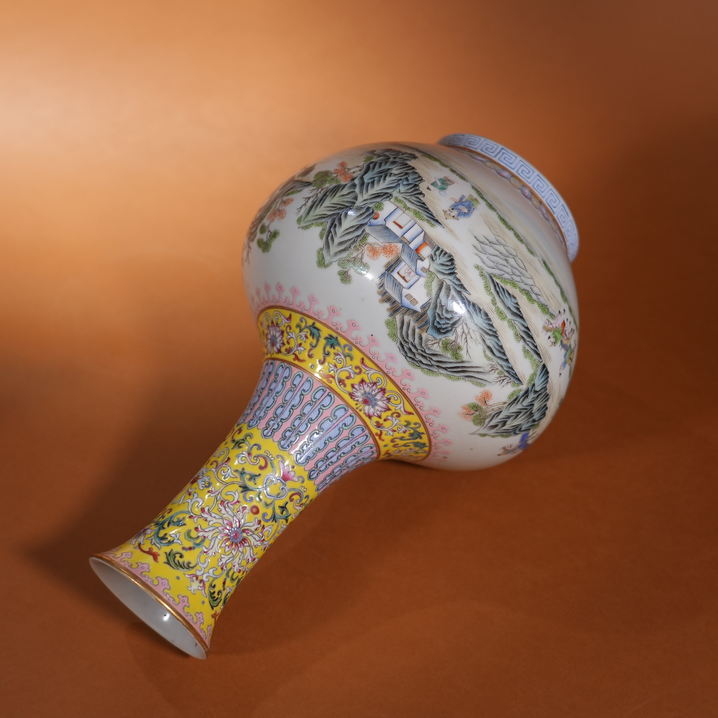 Ancient Chinese Famille Rose Vase with Panoramic Landscape and Figure Motifs