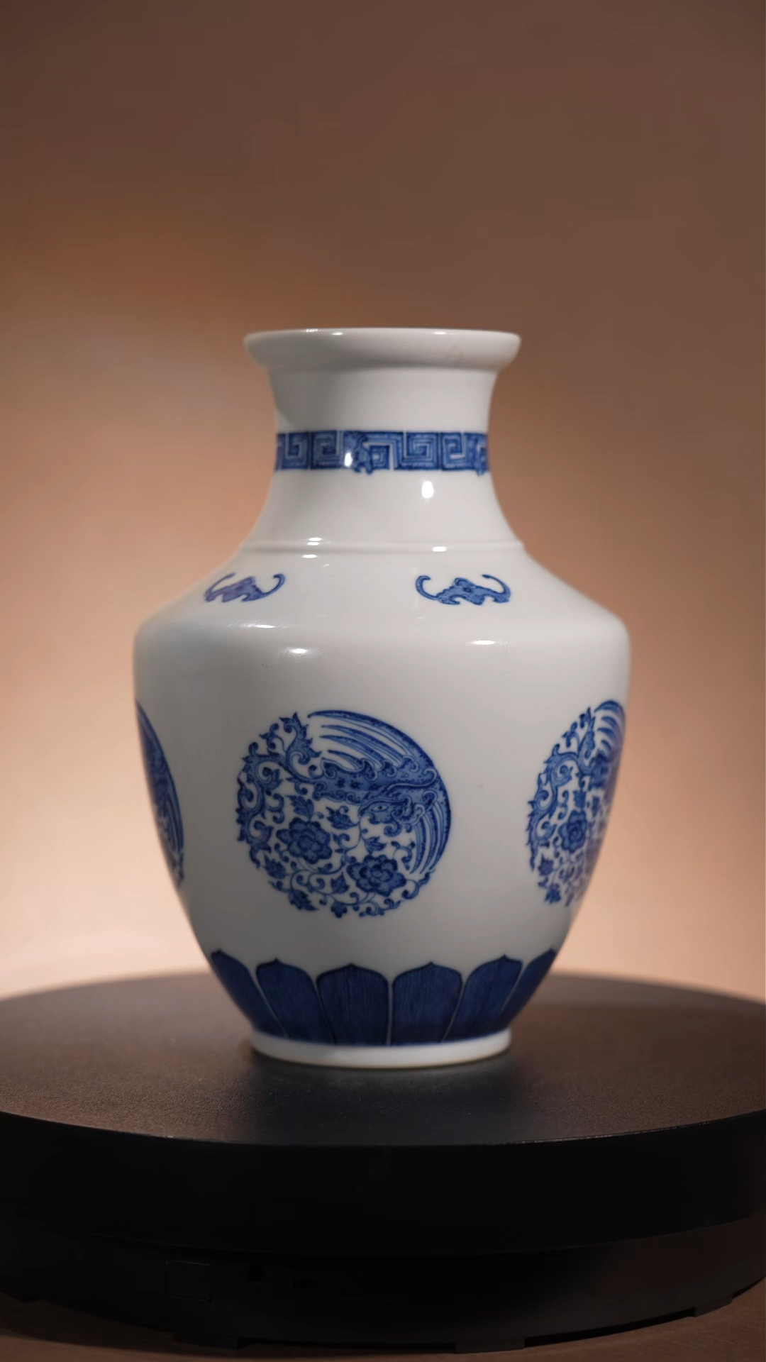 Ancient Chinese Blue and White Vase with Round Phoenix Medallions