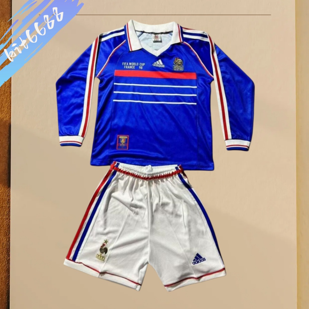 1998 France home Retro long sleeves Football Shirt  Kids Kit