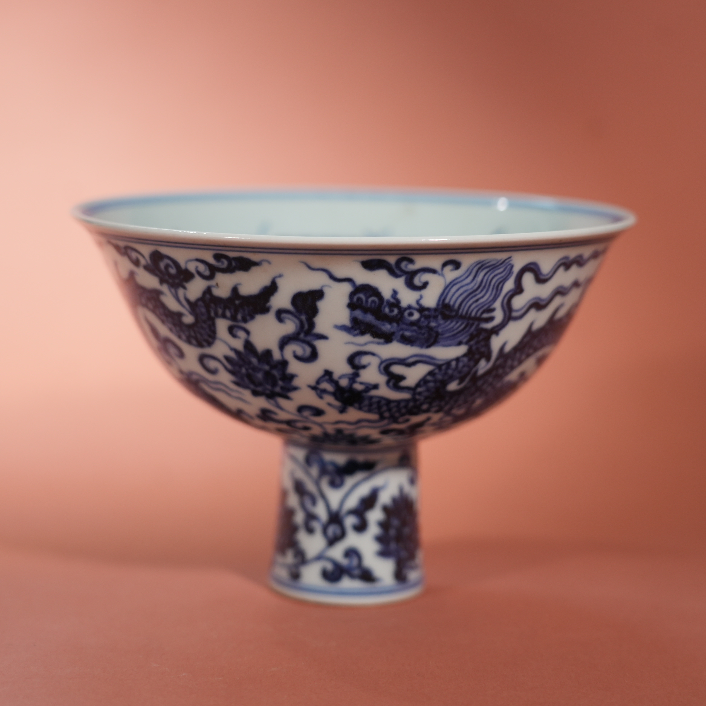 Ancient Chinese Blue and White Stem Bowl with Dragon and Sanskrit Motifs