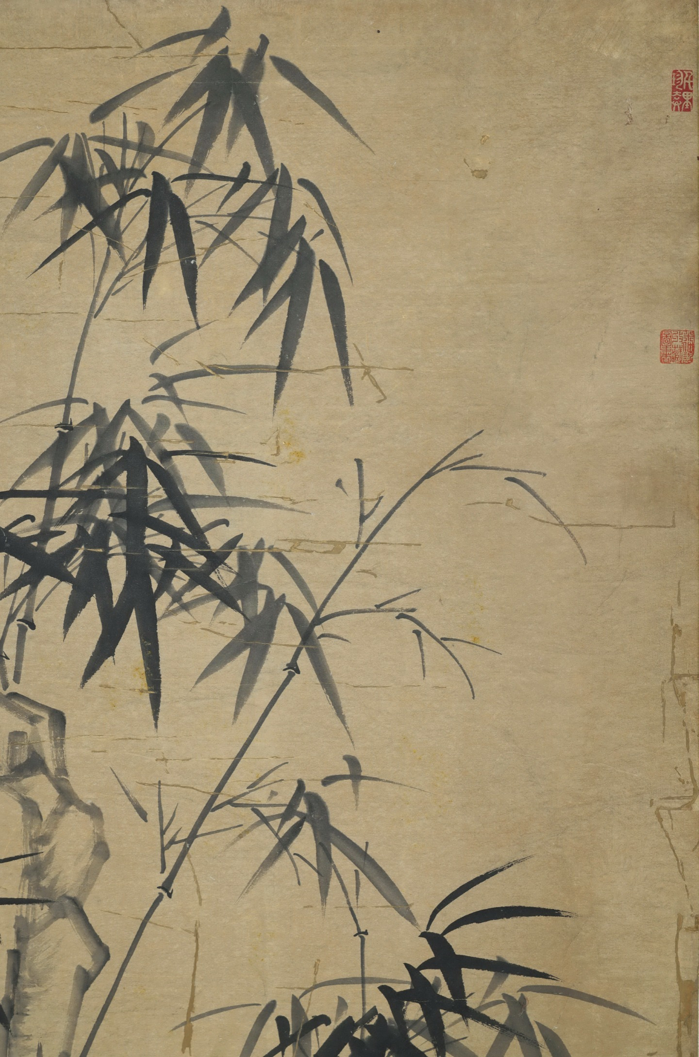 Ancient Chinese Painting Green Bamboos and Rocks by Zheng Banqiao, Vertical Scroll, Two Inscriptions by Artist, Fine Mounted, Painting Core 137×68 CM