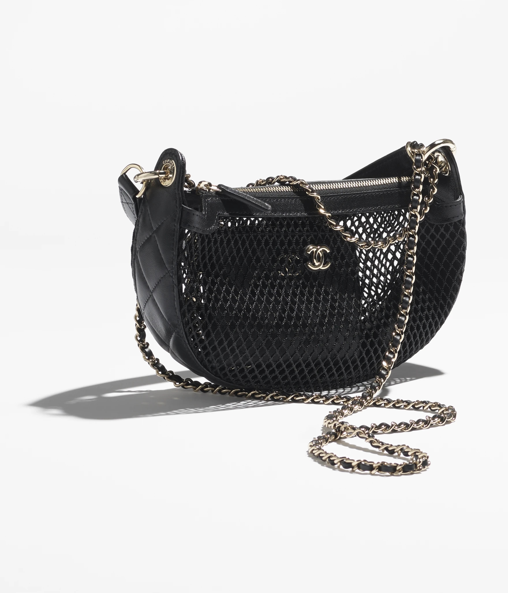 CLUTCH WITH CHAIN Mesh, Shiny Lambskin & Gold-Tone Metal Black