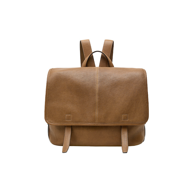 Minimalist Fold-Over Leather Backpack – Convertible Laptop Bag in Camel Brown