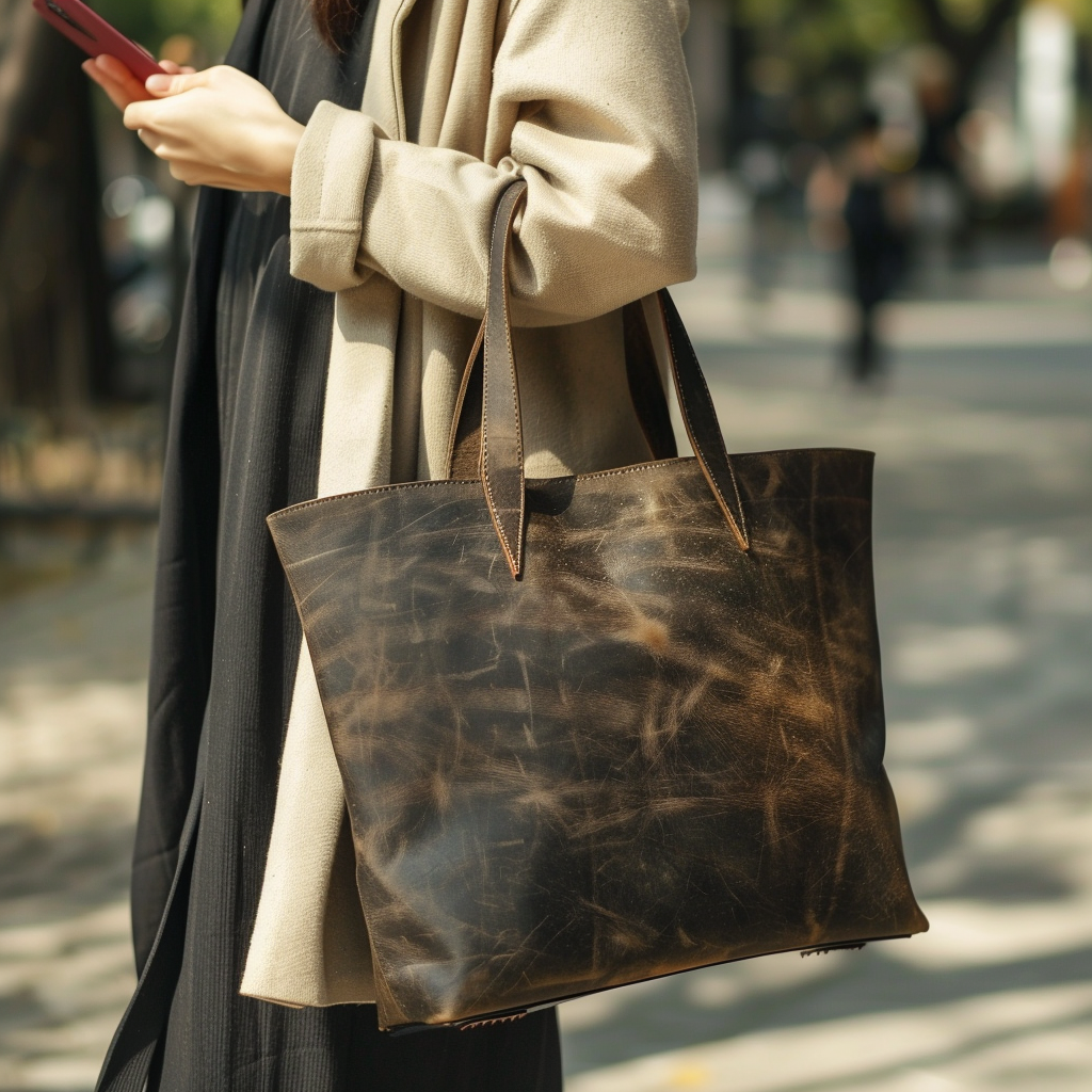 Dark Distressed Full-Grain Leather Tote
