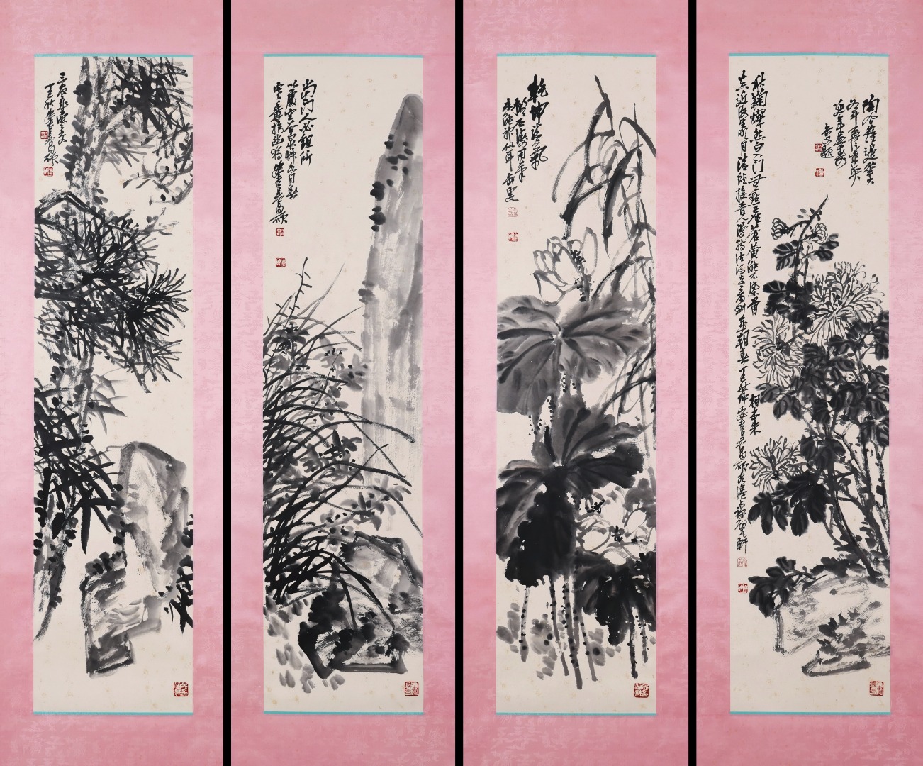 Wu Changshuo Pines, Orchids, Lotuses & Chrysanthemums, Set of 4 Vertical Scrolls, Exquisitely Mounted, Each Painting Core 137×35CM